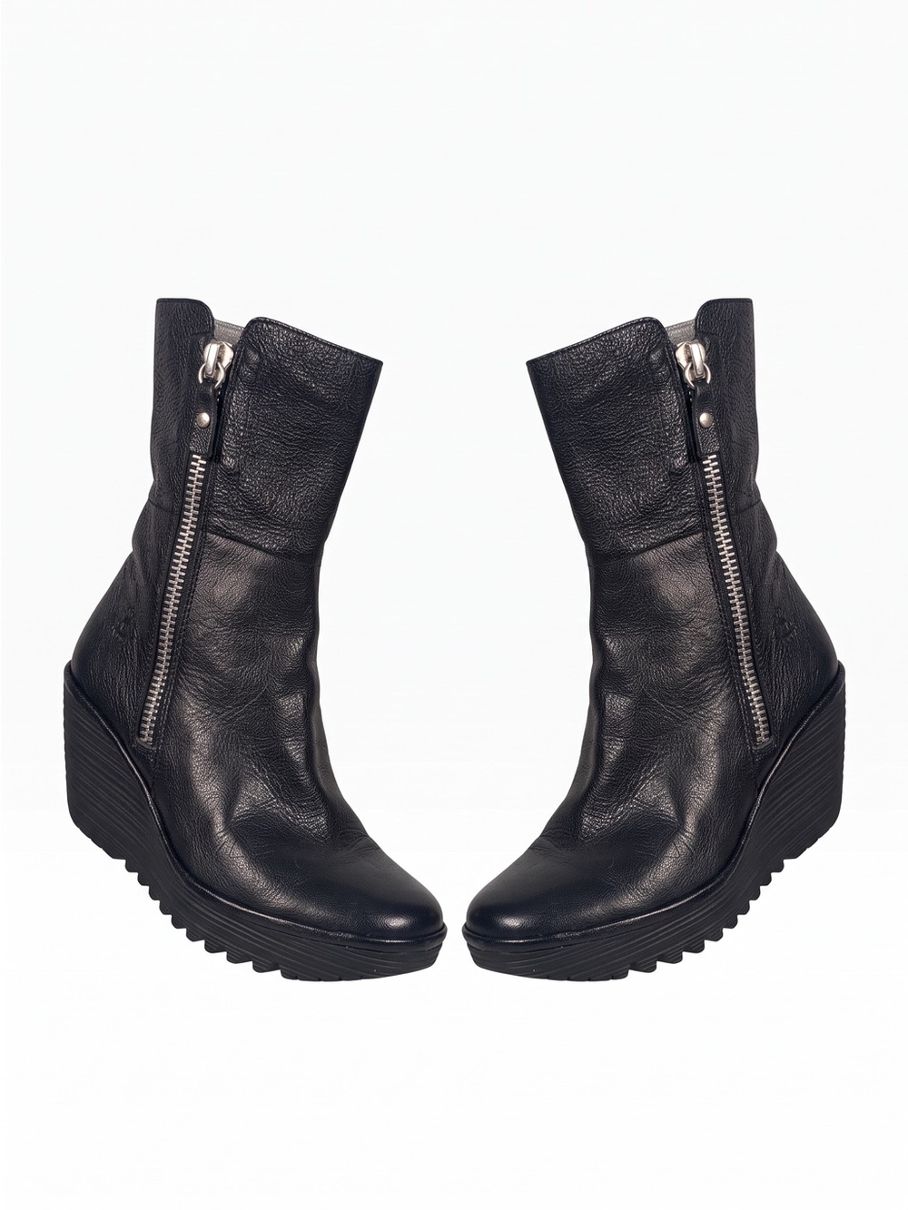 Fly London Black Leather Wedge Zip Ankle Boots with Silver Hardware